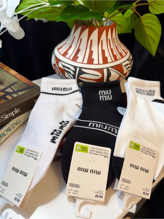 Miu Miu Accessories - Miu Miu Black & White Ankle Socks Trio with Logo Trim
